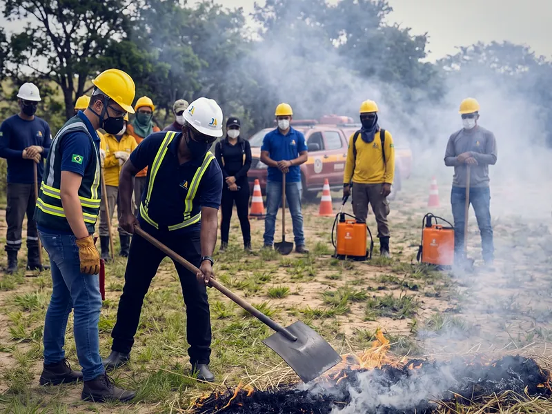 Instrutor da JA Capacitação mostra a uma turma de brigadistas como abafar um foco de incêndio na vegetação