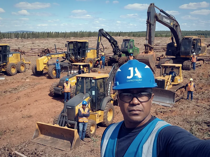 Instrutor da JA Capacitação numa frente de trabalho florestal, com motoniveladoras, retroescavadeira, trator de esteira, escavadeira e operadores