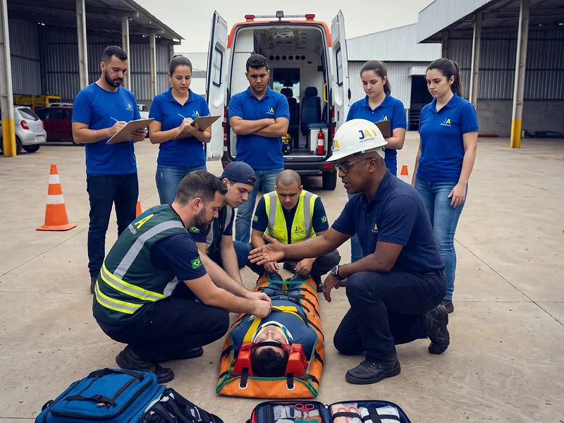 Turma de primeiros socorros imobiliza um colega na prancha de resgate, com o instrutor da JA Capacitação, ao lado de uma ambulância
